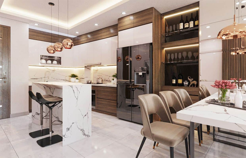 Thiết kế phòng bếp sang trọng với tủ gỗ và bàn đảo ốp đá Marble