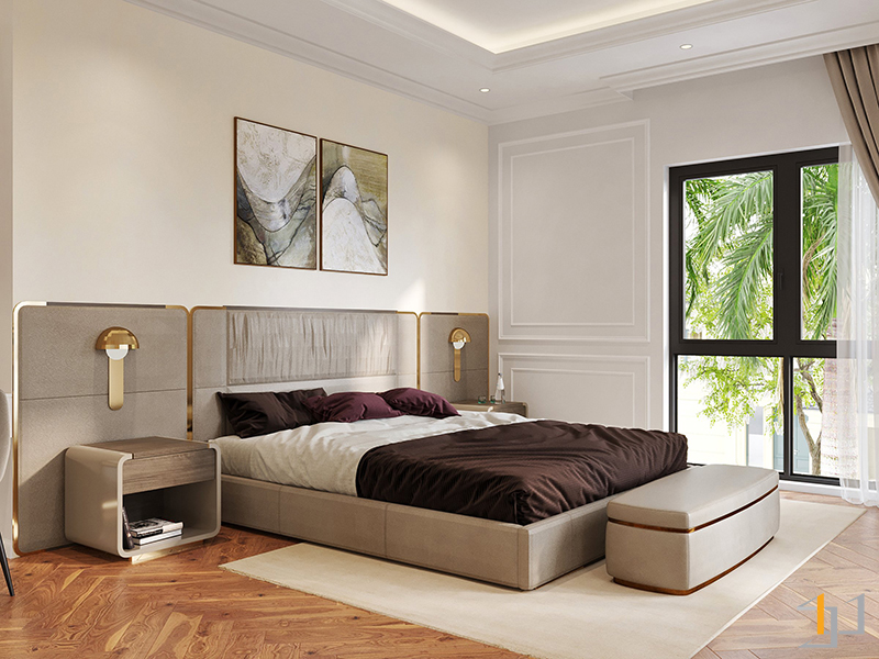 Phòng ngủ 2 với màu sắc nhã nhặn cùng lối bày trí đối xứng đặc trưng Neo Classical