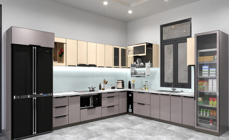 Tủ bếp dưới nhôm hợp kim cánh kính
